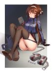  1girl absurdres artist_name bag bangs black_gloves black_legwear brown_eyes brown_hair feet food girls_frontline gloves hairband hebai_xiaochuan highres holding holding_food jacket jerky knees_up looking_at_viewer mouth_hold pantyhose school_bag short_hair_with_long_locks sitting soles solo thigh-highs thighs toes tsurime type_79_(girls_frontline) 