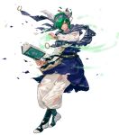  1boy baggy_pants belt blue_headband blue_scarf book casting_spell clenched_teeth collar collarbone energy feathers fire_emblem fire_emblem:_seisen_no_keifu fire_emblem_heroes green_eyes green_hair headband highres holding holding_book levin_(fire_emblem) lips male_focus medium_hair nintendo official_art pants scarf shirt solo striped striped_headband striped_scarf suda_ayaka teeth torn_clothes torn_pants torn_scarf torn_shirt torn_sleeves visible_air white_pants wide_sleeves 
