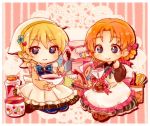  2girls apron bandanna bangs blonde_hair blue_eyes bow bowl braid chibi chocolate commentary cookie darjeeling doily dress food frilled_dress frills gift girls_und_panzer hair_bow holding jar kosame_koori looking_at_viewer maid_apron medium_dress multiple_girls orange_pekoe red_bow ribbon short_hair sitting smile spatula tied_hair traditional_media twin_braids tying valentine white_apron white_dress 