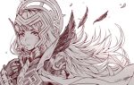  1girl armor crown dated feathers fire_emblem fire_emblem_heroes flower gloves greyscale hair_ornament holding holding_flower long_hair monochrome nintendo parted_lips petals shoulder_armor signature simple_background solo veronica_(fire_emblem) wani_(fadgrith) white_background 