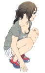  1girl bra breasts brown_eyes brown_hair brown_shirt cleavage commentary_request downblouse full_body mattaku_mousuke medium_breasts no_socks original ponytail shirt shoes shorts simple_background sneakers solo squatting t-shirt underwear white_background 