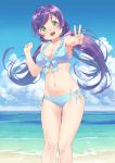  1girl :d aqua_eyes bangs bare_arms bare_shoulders beach bikini blue_bikini blue_sky breasts cleavage clouds day eichisu eyebrows_visible_through_hair floating_hair groin large_breasts long_hair love_live! love_live!_school_idol_project low_twintails navel ocean open_mouth outdoors purple_hair side-tie_bikini sky smile solo swept_bangs swimsuit teeth toujou_nozomi twintails v water 