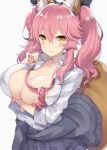  1girl animal_ears blush bow clothes_around_waist commentary fate/extra fate_(series) fox_ears fox_tail hair_bow looking_at_viewer necktie open_clothes open_shirt pink_hair school_uniform sweater_around_waist tail tamamo_(fate)_(all) tamamo_no_mae_(fate) twintails yellow_eyes yuzu-aki 