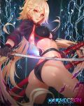  1girl ass bikini black_bikini black_choker black_gloves black_jacket blonde_hair breasts cglas choker cropped_jacket deviantart_username erect_nipples fate/grand_order fate_(series) gloves holding holding_sword holding_weapon jacket jeanne_d&#039;arc_(alter_swimsuit_berserker) jeanne_d&#039;arc_(fate)_(all) katana long_hair looking_at_viewer looking_back medium_breasts multiple_swords o-ring o-ring_bikini red_legwear single_thighhigh solo swimsuit sword thigh-highs thigh_strap very_long_hair waist weapon yellow_eyes 