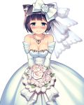  animal_ears black_hair blue_eyes bouquet breasts bridal_veil cat_ears cat_tail cleavage daibouken!_yukeyuke_osawari_island dress elbow_gloves flower gloves hair_ornament hair_ribbon holding ichigo_(daibouken!_yukeyuke_osawari_island) jewelry looking_at_viewer necklace nontan official_art ribbon short_hair smile tail veil wedding_dress 