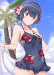  1girl artist_request bare_arms bare_shoulders black_hair black_swimsuit blue_sky blush breasts casual_one-piece_swimsuit closed_mouth clouds commentary covered_navel day fingernails floral_print flower hair_flower hair_ornament hand_on_own_chest hand_up head_tilt holding idolmaster idolmaster_shiny_colors morino_rinze one-piece_swimsuit outdoors palm_tree pink_flower print_swimsuit red_eyes red_flower sky small_breasts smile solo sumice swimsuit tree white_flower 