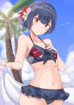  1girl artist_request bare_arms bare_shoulders bikini black_bikini black_hair blue_sky blush breasts closed_mouth clouds day floral_print flower frilled_bikini frills hair_flower hair_ornament hand_on_own_chest hand_up head_tilt holding idolmaster idolmaster_shiny_colors morino_rinze navel outdoors palm_tree pink_flower print_bikini red_eyes red_flower sky small_breasts smile solo sumice swimsuit tree white_flower 