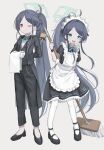  &lt;key&gt;_(blue_archive) 2girls absurdly_long_hair absurdres alternate_costume alternate_hairstyle apron aris_(blue_archive) aris_(maid)_(blue_archive) black_hair blue_archive blue_eyes butler female_butler halo highres holding holding_mop long_hair maid maid_apron maid_headdress mop multiple_girls official_alternate_costume official_alternate_hairstyle one_eye_closed ponytail red_eyes simple_background smile sztxra teeth upper_teeth_only very_long_hair white_background 