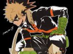  1boy bakugou_katsuki black_background blonde_hair boku_no_hero_academia domino_mask gloves green_gloves highres looking_at_viewer male_focus mask outline parted_lips red_eyes simple_background spiky_hair squatting superhero twitter_username white_outline 