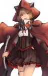  1girl axe bangs blush boots breasts brown_hair cloak collar corset cross-laced_clothes cross-laced_footwear dress eyebrows_visible_through_hair fangs frilled_dress frilled_skirt frills hair_between_eyes hat highres holding holding_axe holding_weapon inaba_sunimi knee_boots legs_crossed looking_at_viewer original parted_lips pleated_skirt red_eyes ribbon shirt short_hair simple_background skirt smile solo standing teeth weapon white_background white_shirt 