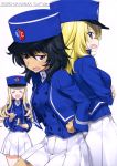  3girls :d absurdres andou_(girls_und_panzer) back-to-back bangs bc_freedom_(emblem) bc_freedom_military_uniform black_hair blonde_hair blue_eyes blue_hat blue_jacket blue_vest brown_eyes cover cover_page crossed_arms dark_skin doujin_cover dress_shirt drill_hair eating emblem eyebrows_visible_through_hair food food_on_face fork frown girls_und_panzer hand_on_hip hat high_collar highres holding holding_fork jacket kurashima_tomoyasu long_hair long_sleeves looking_at_viewer marie_(girls_und_panzer) medium_hair messy_hair multiple_girls open_mouth oshida_(girls_und_panzer) saucer shirt smile standing vest 