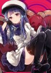  1girl bangs black_footwear black_gloves black_legwear boots closed_mouth copyright_request couch gloves hand_up hat highres ikeuchi_tanuma jacket light_smile long_hair long_sleeves looking_at_viewer peaked_cap pleated_skirt purple_hair purple_skirt red_eyes shoe_soles sitting skirt solo thigh-highs thigh_boots very_long_hair white_hat white_jacket wide_sleeves 
