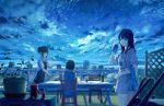  3girls apron beer_can black_hair blue blue_eyes blurry bottle can chair city_lights cityscape clothes_writing clouds cowboy_shot cup depth_of_field dress drinking_glass expressionless fan figure from_behind full_moon highres looking_at_another looking_at_viewer looking_down moon multiple_girls night night_sky original outdoors paper_fan plant plate potted_plant revision rooftop salad shadow shirt shooting_star short_hair short_hair_with_long_locks short_ponytail sky sleeveless sleeveless_dress smile standing star_(sky) starry_sky sugi87 t-shirt table trellis uchiwa wine_bottle wine_glass wooden_floor yellow_eyes 