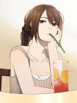  1girl bendy_straw breasts brown_hair chair chin_rest cleavage collarbone cup drink drinking_glass drinking_straw hand_on_own_cheek mattaku_mousuke original ponytail sitting small_breasts solo 