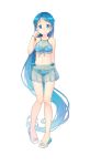  1girl alternate_costume armband ass_visible_through_thighs bangs bikini blue_bikini blue_eyes blue_hair blush closed_mouth commentary_request eyebrows_visible_through_hair front-tie_bikini front-tie_top full_body gradient_hair hair_between_eyes hair_ornament hairclip hand_up highres jewelry kantai_collection legs long_hair looking_at_viewer multicolored_hair navel oge_(ogeogeoge) samidare_(kantai_collection) see-through side-tie_bikini simple_background slippers smile solo standing swept_bangs swimsuit thighs very_long_hair white_background 
