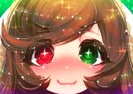  +_+ 1girl :3 blush brown_hair eyebrows_visible_through_hair face green_eyes hakkasame heterochromia long_hair looking_at_viewer nose_blush red_eyes rozen_maiden solo suiseiseki v-shaped_eyebrows 