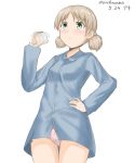  1girl aki_(girls_und_panzer) bangs blue_shirt bottle boxreeema character_name collared_shirt commentary cowboy_shot dated eyebrows_visible_through_hair frown girls_und_panzer green_eyes hair_tie hand_on_hip highres holding holding_bottle light_brown_hair looking_at_viewer milk_bottle no_pants pajamas panties pink_panties shirt short_hair short_twintails simple_background solo standing thigh_gap twintails twitter_username underwear white_background 
