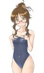  1girl aimobake akizuki_ritsuko bangs blue_swimsuit blush brown_hair closed_mouth commentary covered_navel cowboy_shot eyebrows_visible_through_hair flower hair_bun hair_flower hair_ornament hands_on_own_chest head_tilt highres idolmaster idolmaster_(classic) light_frown looking_at_viewer messy_hair one-piece_swimsuit red-framed_eyewear short_hair sidelocks simple_background solo standing swimsuit thigh_gap white_background 