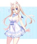  1girl animal_ears blonde_hair blue_eyes bow breasts cat_ears cat_tail dated dress eyebrows_visible_through_hair heart konshin large_breasts long_hair open_mouth phantasy_star phantasy_star_online_2 sideboob signature solo standing tail twintails white_dress 