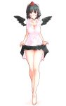  1girl bare_legs barefoot black_hair black_wings blush breasts brown_eyes collarbone commentary_request eyebrows_visible_through_hair hat highres large_breasts looking_at_viewer non_(z-art) shameimaru_aya shirt simple_background skirt skirt_lift tokin_hat touhou white_shirt wings 