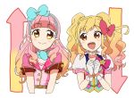  2girls :d aikatsu!_(series) aikatsu_friends! aikatsu_stars! bangs belt blonde_hair blunt_bangs blush bow brown_eyes choker clenched_hands commentary eyebrows_visible_through_hair gloves gradient_hair hair_bow hair_ribbon hairband idol long_hair looking_at_another multicolored_hair multiple_girls nijino_yume open_mouth own_hands_together pink_hair puffy_short_sleeves puffy_sleeves ribbon sakuragi_mochi short_sleeves smile twintails upper_body yuuki_aine 