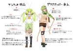  2girls antennae bangs bare_arms bike_shorts black_eyes black_legwear bow bowtie brown_footwear bug character_name character_sheet clothes_around_waist collared_shirt commentary_request dot_nose evolvingmonkey full_body grasshopper grasshopper_inoue green_hair grey_eyes hand_on_hip highres insect insect_girl kneehighs long_hair looking_at_viewer loose_bowtie mantis_akiyama multiple_girls one_eye_closed original parasite plaid plaid_skirt pleated_skirt praying_mantis school_uniform shirt shoes short_sleeves shorts shorts_under_skirt simple_background skirt sleeves_rolled_up smile standing sweater_around_waist sweater_vest text_focus translation_request twintails white_background worms 