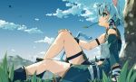  1girl animal_ears asymmetrical_clothes blue_eyes blue_hair blue_sky cat_ears cat_tail clouds day forest hair_ribbon highres mouth_hold nature profile ribbon shikei shinon_(sao-alo) short_hair short_hair_with_long_locks sinon sitting sky solo sword_art_online tail tree 