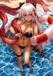  1girl ahoge beach bikini black_bow bow dark_sin dark_skin fate/grand_order fate_(series) full_body hair_bow highres katana long_hair navel npcpepper okita_souji_(alter)_(fate) okita_souji_(fate)_(all) palm_tree sand sandals scarf sheath sheathed side-tie_bikini smile solo standing swimsuit sword thigh_strap tree wading weapon white_hair wristband yellow_eyes 