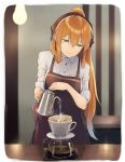  1girl aqua_eyes black_apron black_ribbon blue_hair blurry blurry_background border breasts closed_mouth coffee coffee_filter collared_shirt cup dabuki depth_of_field eyebrows_visible_through_hair girls_frontline gradient_hair hair_ribbon half-closed_eyes high_ponytail highres holding indoors jug light_bulb long_hair looking_away looking_down m1903_springfield_(girls_frontline) medium_breasts multicolored_hair orange_hair pink_lips ribbon shiny shiny_hair shirt sleeves_folded_up smile solo steam straight_hair table upper_body very_long_hair water white_border white_shirt wing_collar 