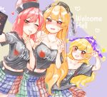  3girls bare_shoulders blonde_hair blush breasts cellphone cleavage clownpiece collarbone commentary_request embarrassed english eyebrows_visible_through_hair hat heart hecatia_lapislazuli highres jester_cap junko_(touhou) large_breasts long_hair momo_(baso4) multicolored multicolored_clothes multicolored_skirt multiple_girls nail_polish navel off-shoulder_shirt off_shoulder one_eye_closed orange_hair phone polos_crown red_eyes red_nails self_shot shirt skirt small_breasts smartphone smartphone_case smile touhou v very_long_hair 