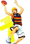  &gt;:o 1boy adelaide_crows arms_up australia australian_football_league australian_rules_football blonde_hair character_name commentary deviantart football_(object) haruhis2kyon jersey jumping kise_ryouta kuroko_no_basuke male_focus red_eyes shoes shorts sleeveless sneakers sunrise_(studio) toyota white_footwear 