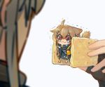  2girls :3 ahoge animal_ears brown_eyes brown_hair chibi commentary commentary_request cracker ears_down fingerless_gloves food from_behind girls_frontline gloves grey_hair hair_between_eyes hair_ornament hairclip highres holding holding_food in_food looking_at_another multiple_girls shaded_face shaking simple_background soft_focus su_xiao_jei tail teardrop tears ump45_(girls_frontline) ump9_(girls_frontline) white_background 