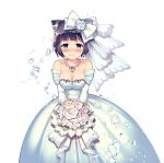  animal_ears black_hair blue_eyes bouquet breasts bridal_veil cat_ears cat_tail cleavage daibouken!_yukeyuke_osawari_island dress elbow_gloves flower gloves hair_ornament hair_ribbon holding ichigo_(daibouken!_yukeyuke_osawari_island) jewelry looking_at_viewer necklace nontan official_art ribbon short_hair smile sparkle tail veil wedding_dress 