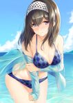  1girl absurdres arm_under_breasts bikini black_hair blue_eyes blue_sky blush breasts cleavage clouds eyebrows_visible_through_hair hairband highres idolmaster idolmaster_cinderella_girls jacket leaning_forward legs_together light_smile long_hair long_sleeves looking_at_viewer medium_breasts megurumiru ocean outdoors partially_submerged sagisawa_fumika sky smile solo standing swimsuit 