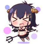  &gt;_&lt; 1girl bangs black_hair black_skirt black_wings blush closed_eyes commentary_request crop_top demon_girl demon_horns demon_wings eyebrows_visible_through_hair facing_viewer flying full_body gabriel_dropout hair_between_eyes hair_ornament hairclip hana_kazari holding horns long_hair midriff navel o-ring o-ring_top open_mouth pitchfork pleated_skirt skirt solo tsukinose_vignette_april wavy_mouth white_background wings x_hair_ornament 