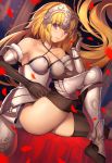 1girl armor bangs bare_shoulders black_gloves black_legwear blonde_hair blurry breasts cleavage closed_mouth commentary_request criss-cross_halter depth_of_field eyebrows_visible_through_hair eyes_visible_through_hair fate/grand_order fate_(series) gauntlets gloves halterneck headpiece highres jeanne_d&#039;arc_(fate) jeanne_d&#039;arc_(fate)_(all) light_smile long_hair looking_at_viewer medium_breasts petals revision sitting solo thigh-highs tsuki_suigetsu very_long_hair violet_eyes 