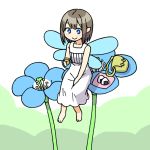  1girl :&gt; barefoot blue_eyes blue_flower collarbone cup dress fairy fairy_wings flower food from_above from_below green_background green_bag hand_on_own_thigh holding holding_cup light_brown_hair maruput minigirl onigiri original pointy_ears short_hair sitting sleeveless sleeveless_dress smile solo two-tone_background white_background white_dress wings 