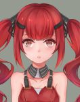  1girl breasts brown_eyes collarbone cz-75_(girls_frontline) girls_frontline grey_background hair_ornament hairclip highres long_hair looking_at_viewer misaki159123 open_mouth portrait redhead shirt simple_background small_breasts solo twintails 