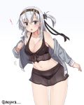  ! 1girl bikini black_bikini black_headband breasts cleavage clothes_writing grey_eyes grey_jacket hachimaki hair_between_eyes headband highres jacket kantai_collection leaning_forward long_hair looking_at_viewer medium_breasts meguru_(megurunn) one_side_up open_clothes open_jacket see-through silver_hair simple_background skirt solo suzutsuki_(kantai_collection) swimsuit twitter_username white_background 