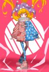  1girl american_flag american_flag_legwear american_flag_print blonde_hair clownpiece commentary_request facepaint flag_print hat highres jacket jester_cap long_hair neck_ruff pantyhose pink_background print_legwear red_eyes semimaru_(user_zzuy5884) shoes smile sneakers star star-shaped_pupils star_print striped symbol-shaped_pupils touhou 