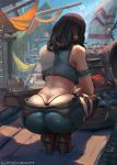  1girl armband artist_name ass back bare_shoulders barrel boots breasts brown_hair brown_legwear butt_crack commentary cutesexyrobutts fish fish_aficionado from_behind heels high_heels highres hips huge_ass kneeling long_hair monster_hunter monster_hunter:_world signature solo squatting thigh-highs thigh_boots thighs thong wide_hips 