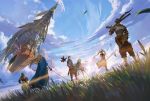  3boys 3girls ahoge aircraft airship armor blonde_hair blue_hair brown_hair cape clouds dress eugen_(granblue_fantasy) from_behind gran_(granblue_fantasy) granblue_fantasy grass highres io_euclase katalina_aryze key_visual long_hair lyria_(granblue_fantasy) multiple_boys multiple_girls official_art rackam_(granblue_fantasy) rapier short_dress short_hair sky sleeveless sleeveless_dress staff sunrise sword twintails vee_(granblue_fantasy) very_long_hair weapon 