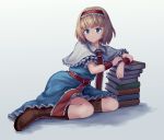  1girl alice_margatroid blonde_hair blue_eyes book book_stack boots brown_footwear dress hairband highres leaning_on_object looking_at_viewer ookashippo skirt touhou 