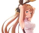  1girl armpits arms_behind_head bangs bare_arms bare_shoulders black_gloves blush breasts clarisse_(granblue_fantasy) commentary_request eyebrows_visible_through_hair gloves granblue_fantasy green_eyes hair_between_eyes hair_ribbon highres impossible_clothes koretsuki_azuma long_hair looking_at_viewer medium_breasts orange_hair parted_lips ponytail ribbon shirt simple_background sleeveless sleeveless_shirt sleeveless_turtleneck solo striped striped_shirt turtleneck upper_body vertical-striped_shirt vertical_stripes very_long_hair white_shirt 