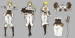  1girl blonde_hair blue_eyes bodysuit capelet character_sheet concept_art gloves high_heels long_hair low_ponytail multiple_views original pantyhose pas_(paxiti) side_ponytail skirt sword weapon white_gloves 