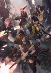  5girls anti-rain_(girls_frontline) assault_rifle bandanna bare_shoulders black_gloves black_hair black_jacket black_legwear black_pants black_skirt brown_eyes brown_hair cglas closed_mouth collared_shirt commentary english_commentary eyepatch fingerless_gloves from_above girls_frontline gloves grey_eyes gun headgear headphones highres holding holding_gun holding_weapon jacket knee_pads long_braid long_hair low_twintails m16a1_(girls_frontline) m4_sopmod_ii_(girls_frontline) m4a1_(girls_frontline) multicolored_hair multiple_girls pants parted_lips personification pink_hair pleated_skirt ribbed_shirt rifle ro635_(girls_frontline) shirt skirt sleeveless sleeveless_shirt st_ar-15_(girls_frontline) streaked_hair thigh-highs thighs twintails weapon yellow_jacket 