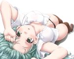  1girl :o black_panties blush breasts brown_legwear cleavage collarbone dd_(ijigendd) foreshortening green_eyes green_hair kantai_collection large_breasts long_hair looking_at_viewer lying navel no_bra no_pants no_shoes on_back open_mouth panties shirt short_sleeves simple_background solo suzuya_(kantai_collection) thigh-highs underwear white_background white_shirt 
