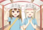  2girls :d agung_syaeful_anwar arm_up bag bangs blue_shirt blush brown_eyes brown_hair character_name clothes_writing commentary english_commentary eyebrows_visible_through_hair facing_viewer flat_cap forehead grey_hat hair_between_eyes hat hataraku_saibou indoors light_brown_hair long_hair looking_at_viewer multiple_girls open_mouth parted_bangs platelet_(hataraku_saibou) shirt short_sleeves shoulder_bag smile upper_teeth very_long_hair 