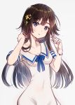  1girl arms_up bangs blue_bow blue_eyes blush bow bracelet breasts brown_hair chagoon cleavage covered_navel dress eyebrows_visible_through_hair flower grey_background grey_hair hair_between_eyes hair_flower hair_ornament head_tilt highres jewelry long_hair looking_at_viewer multicolored_hair original parted_lips sailor_collar shiny shiny_hair short_sleeves simple_background solo standing sweat sweatdrop upper_body white_dress 