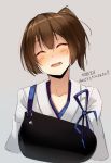  1girl :d blue_ribbon brown_hair closed_eyes commentary_request eyebrows_visible_through_hair facing_viewer grey_background head_tilt highres kaga_(kantai_collection) kantai_collection muneate noccu one_side_up open_mouth ribbon short_hair simple_background smile solo translated upper_body 